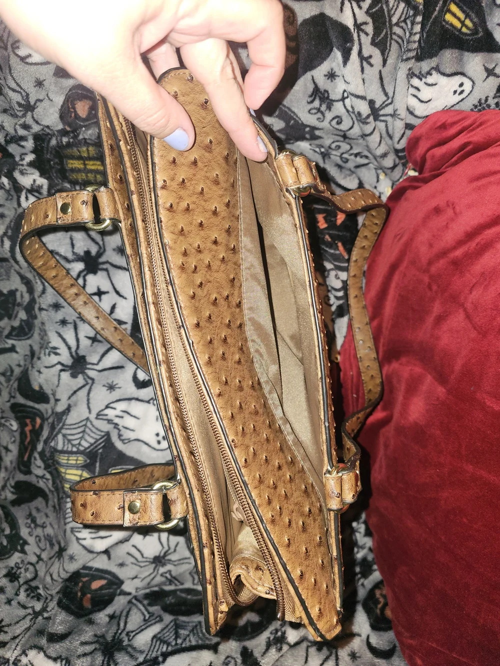 Tan Ostrich-Texture Shoulder Bag with Gold Medallion Accent